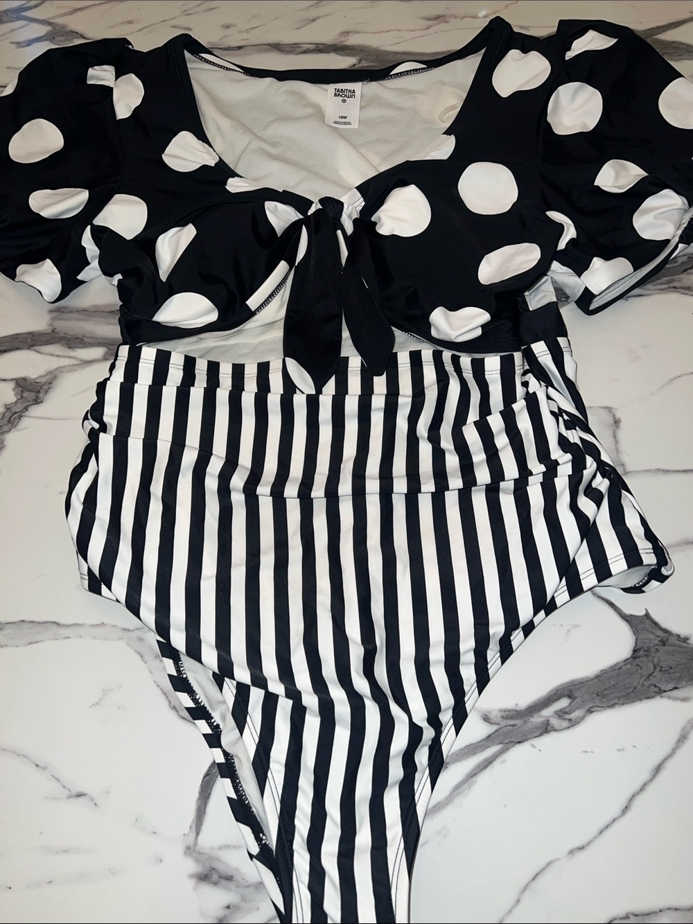 TABITHA BROWN Polka Dot & Stripe Black/White Tie-Front One-Piece Swimsuit